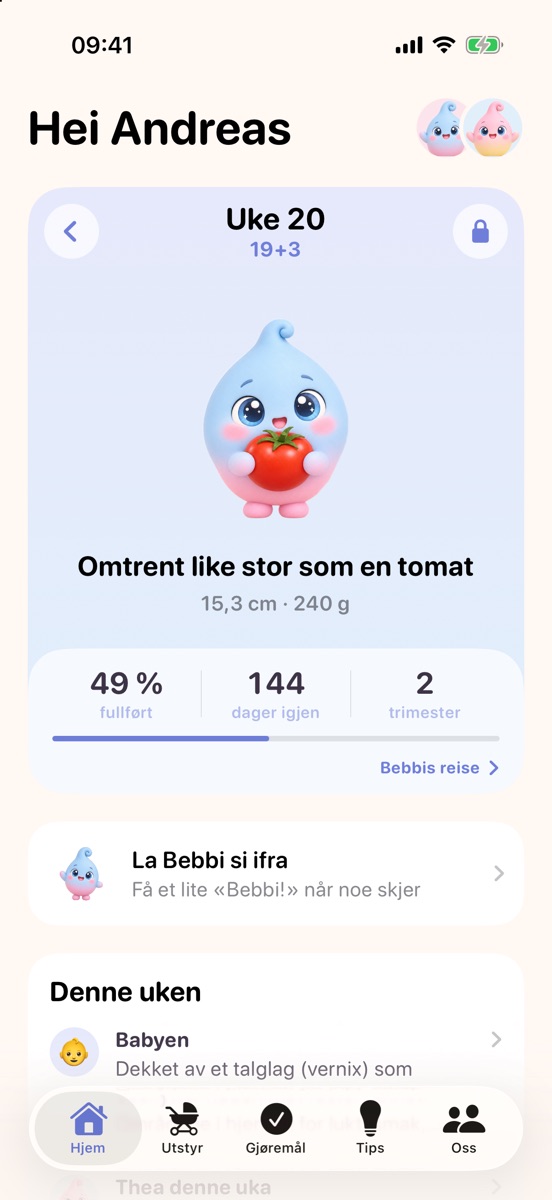 Hjem-skjermen i Bebbi med ukens frukt
