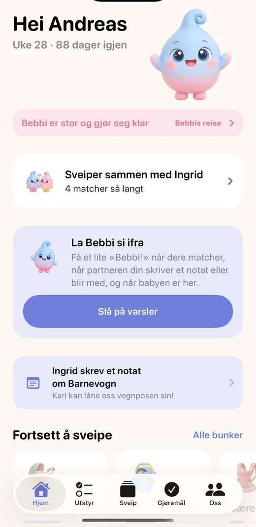 Hjem-skjermen med et nytt notat fra partneren
