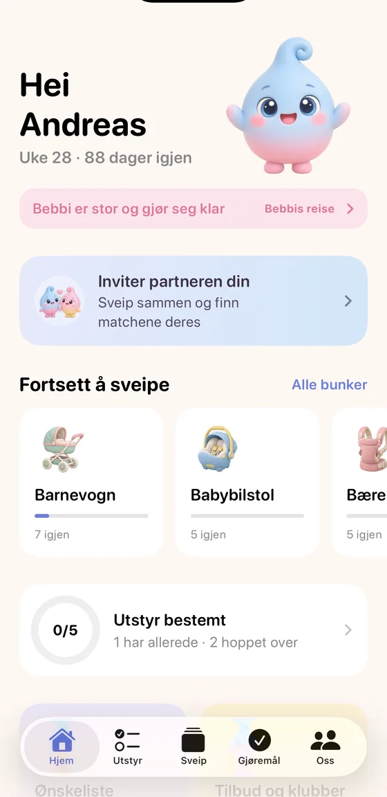 Hjem-skjermen i Bebbi med matcher
